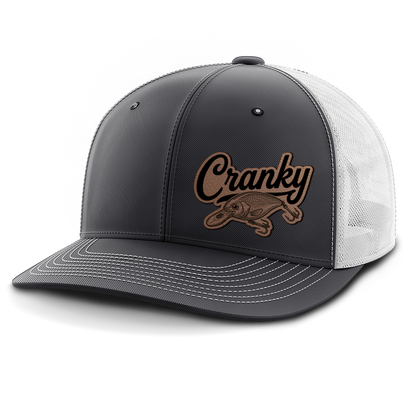 Cranky, Crankbait Decal (left), Leather Patch Hat