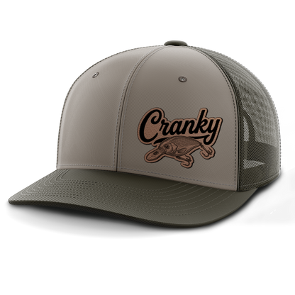Cranky, Crankbait Decal (left), Leather Patch Hat