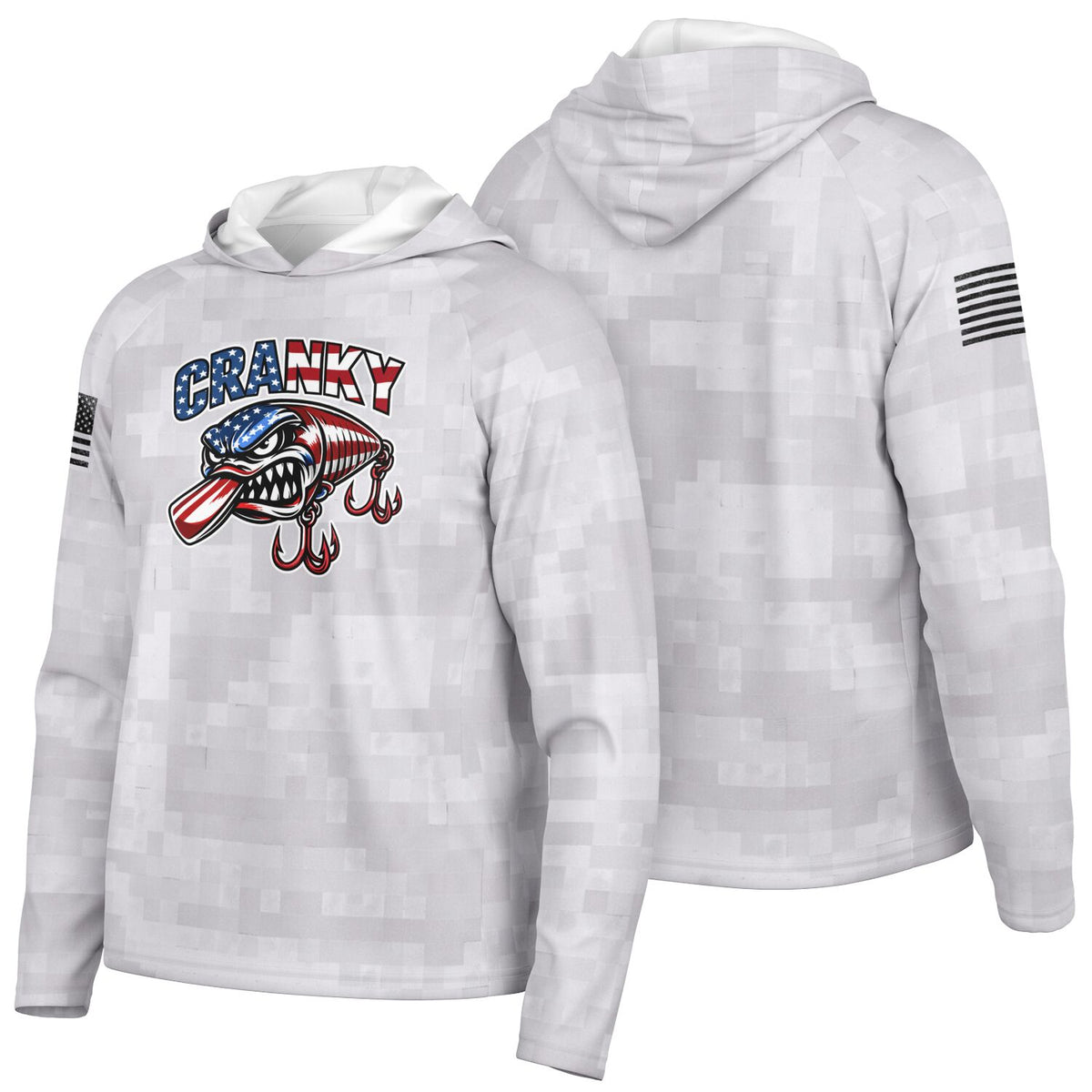 Cranky USA Crankbait SPF50 Performance Fishing Hoodie- Gray Camo