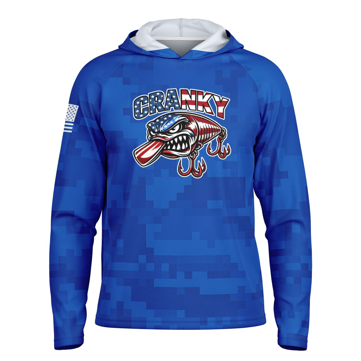 Cranky USA Crankbait SPF50 Performance Fishing Hoodie- Blue Camo