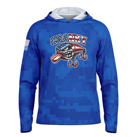 Cranky USA Crankbait SPF50 Performance Fishing Hoodie- Blue Camo