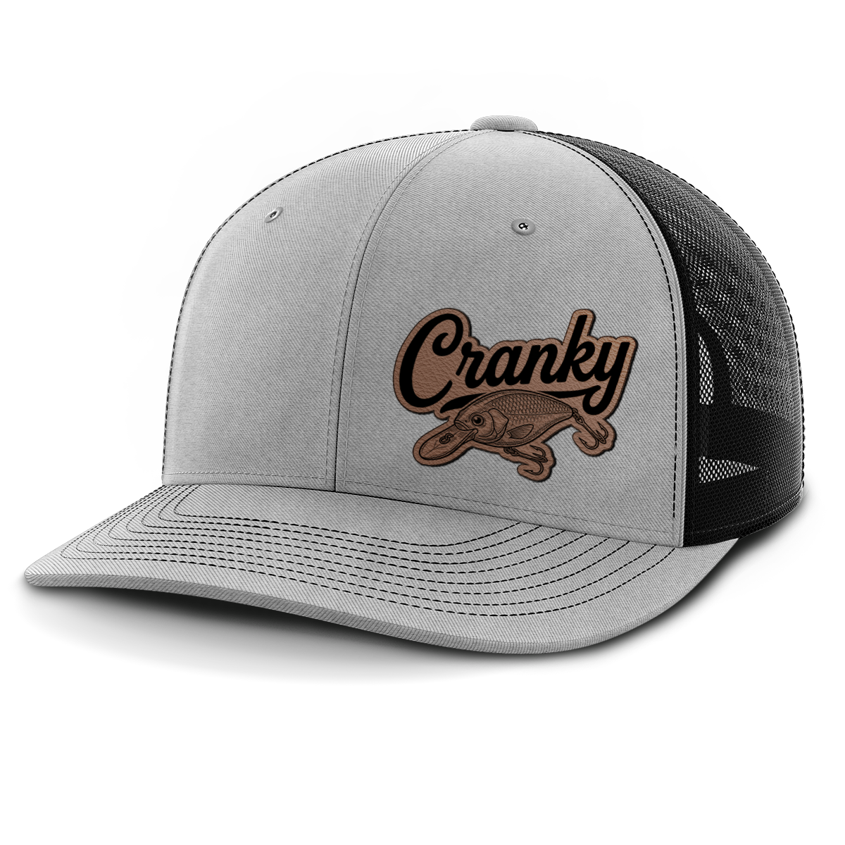 Cranky, Crankbait Decal (left), Leather Patch Hat