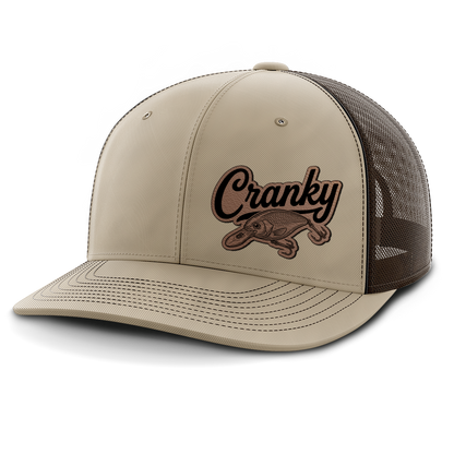 Cranky, Crankbait Decal (left), Leather Patch Hat