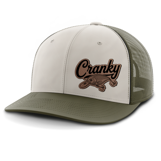 Cranky, Crankbait Decal (left), Leather Patch Hat