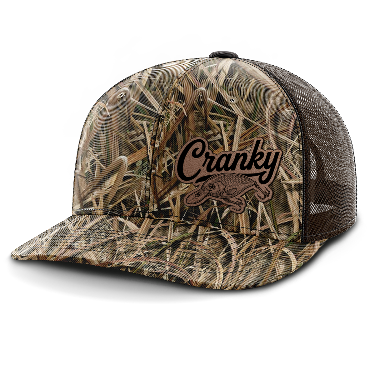 Cranky, Crankbait Decal (left), Leather Patch Hat