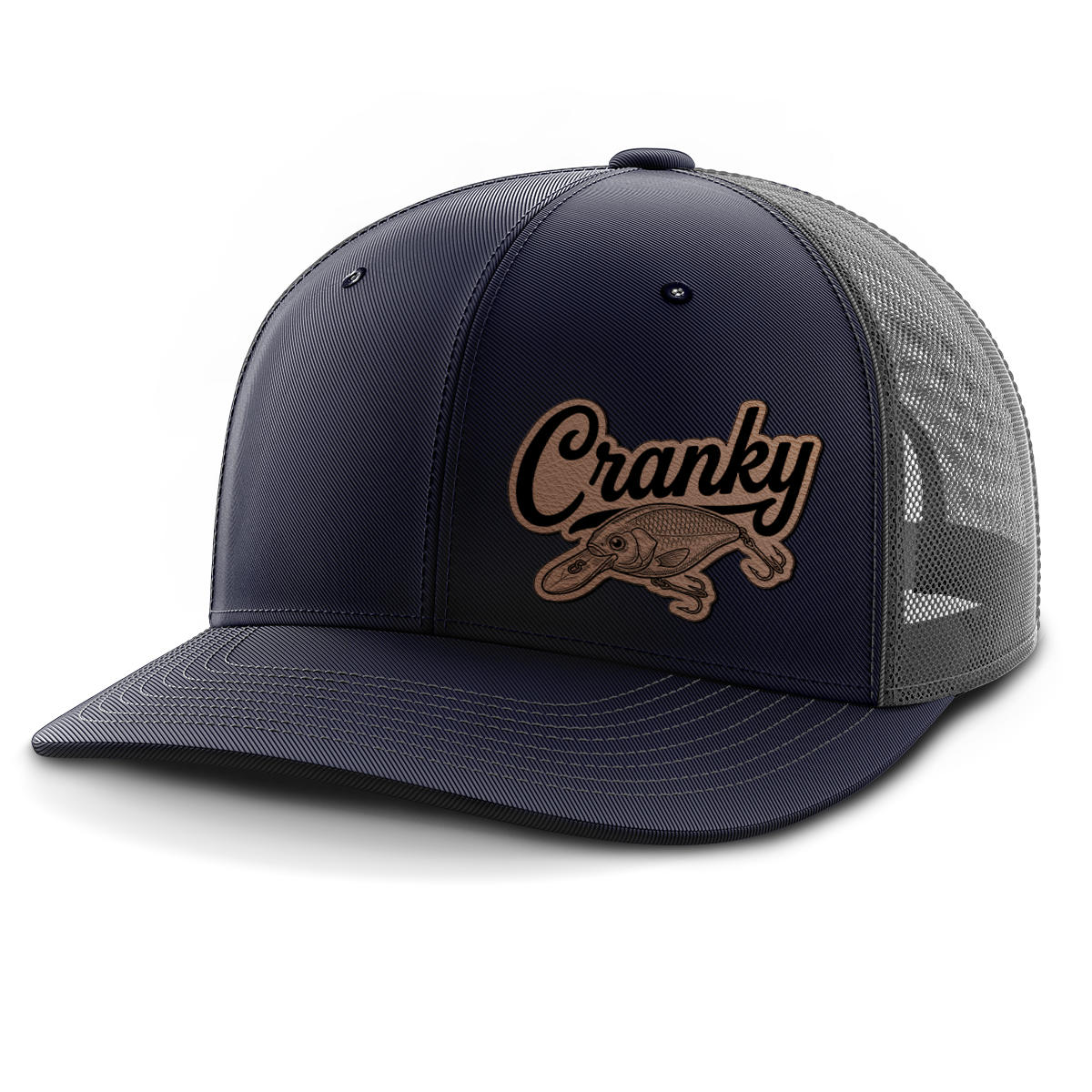 Cranky, Crankbait Decal (left), Leather Patch Hat