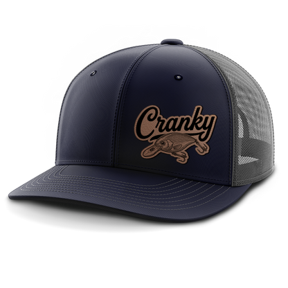 Cranky, Crankbait Decal (left), Leather Patch Hat