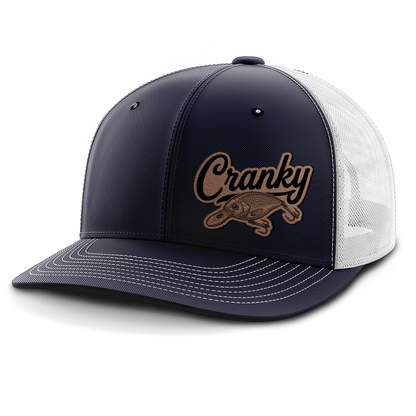 Cranky, Crankbait Decal (left), Leather Patch Hat