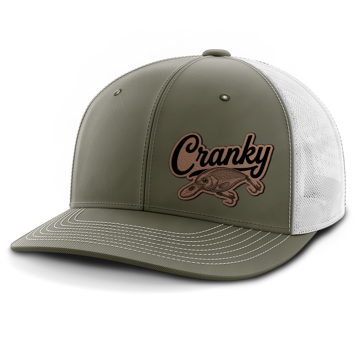 Cranky, Crankbait Decal (left), Leather Patch Hat