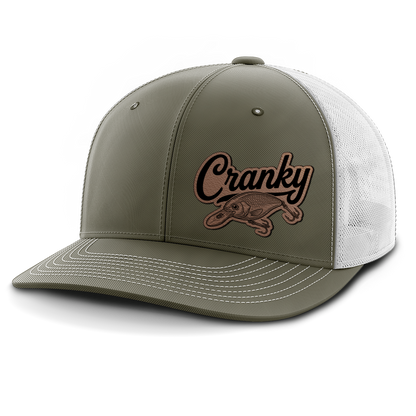 Cranky, Crankbait Decal (left), Leather Patch Hat