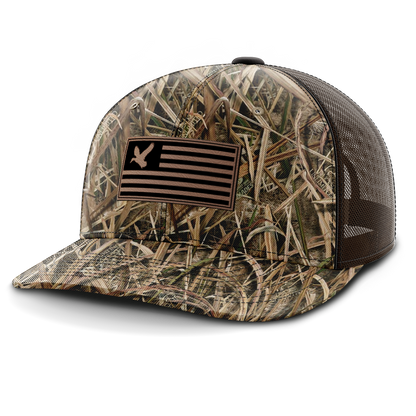 Duck on Flag, Duck Hunting, Leather Patch Hat